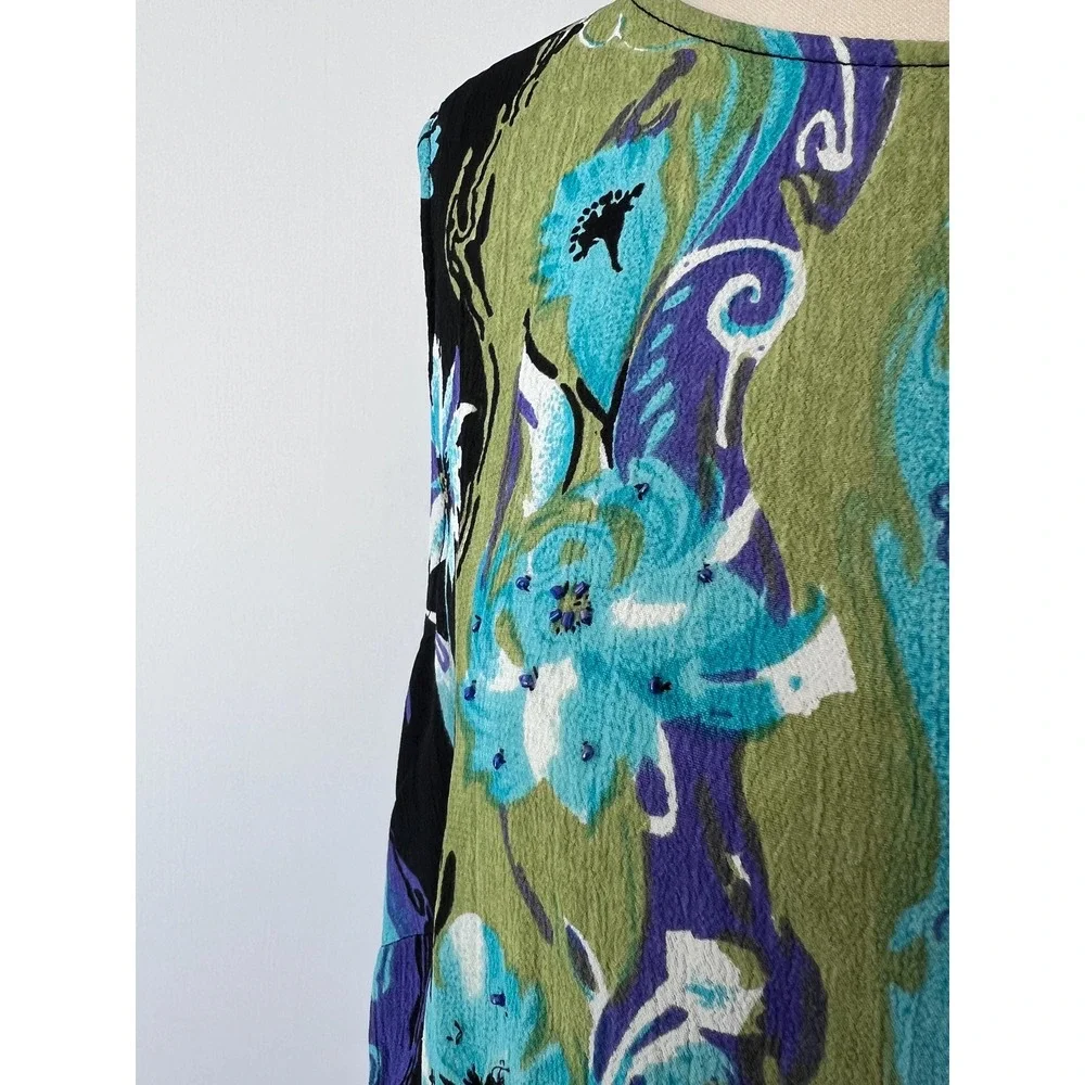 JM Collection Maxi Dress Blue Green Floral‎ Beaded Rayon Sleeveless Shift Large - Picture 5 of 8